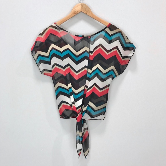 A'gaci Teal Zig Zag Chevron Chiffon Tie Back Top - Picture 9 of 14